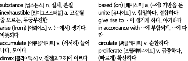 substance        n    ,    inexhaustible           a           ,       arise (from)        v  (   )    ,      accumul   