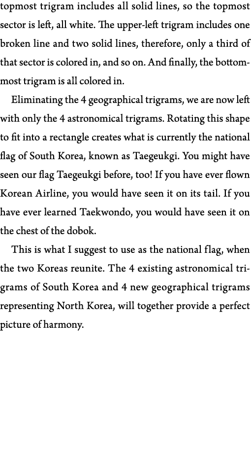 topmost trigram includes all solid lines, so the topmost sector is left, all white  The upper-left trigram includes o   