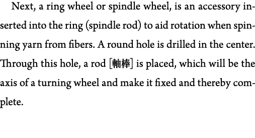 Next, a ring wheel or spindle wheel, is an accessory inserted into the ring (spindle rod) to aid rotation when spinni   