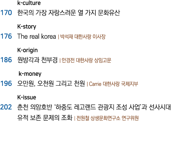  k-culture 170                        K-story 176 The real korea                K-origin 186                            